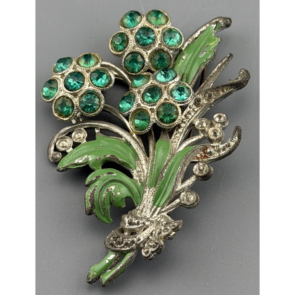 Vintage Pot Metal Brooch Green Rhinestone Enamel Floral Bouquet 2.75"